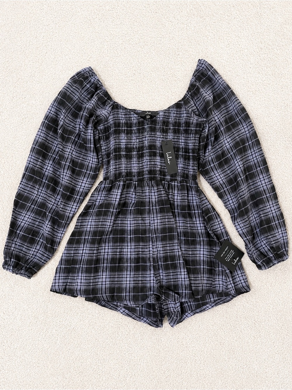 NWT Lulu's Black and Blue Plaid Long Sleeve Smocked Romper